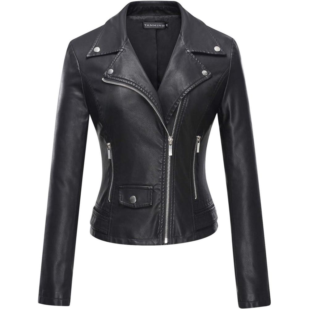 imageTanming Womens Faux Leather Moto Biker Short Coat JacketA Black