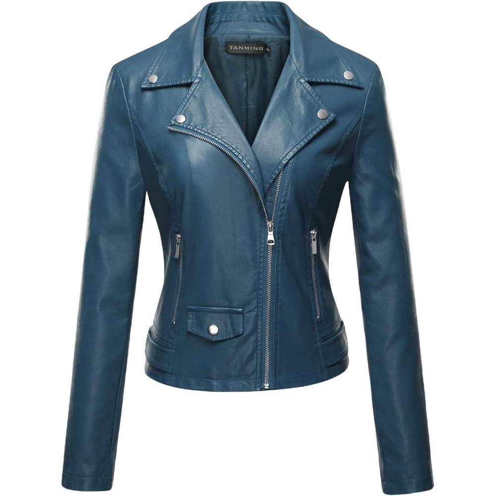 imageTanming Womens Faux Leather Moto Biker Short Coat JacketA Blue