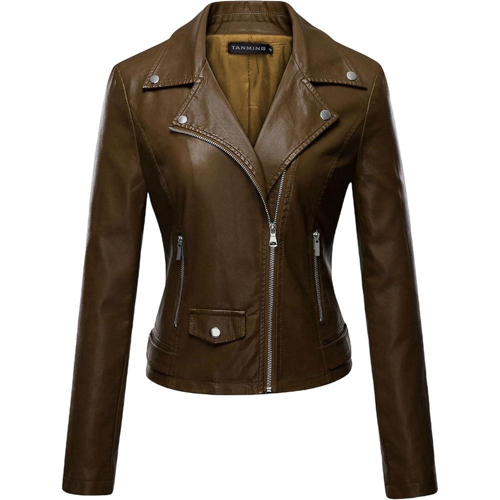 imageTanming Womens Faux Leather Moto Biker Short Coat JacketA Brown