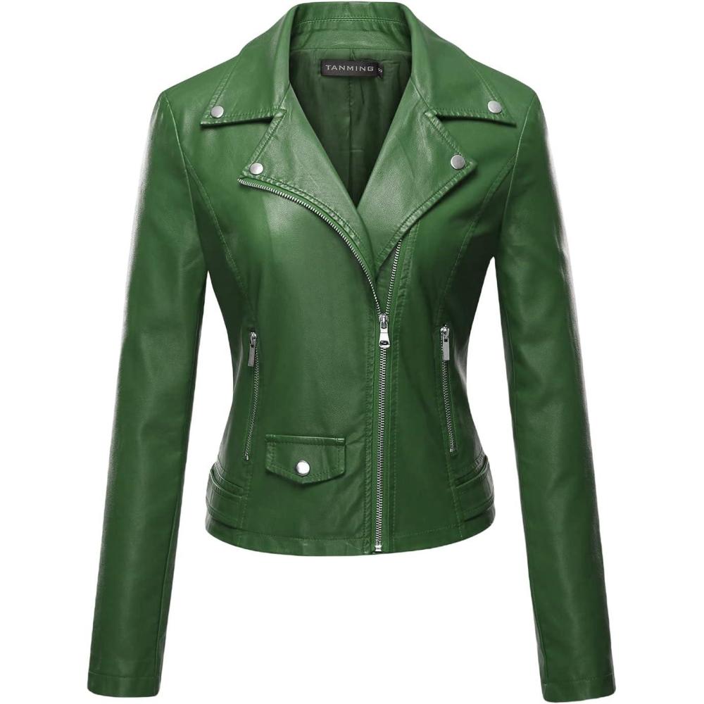 imageTanming Womens Faux Leather Moto Biker Short Coat JacketA Green