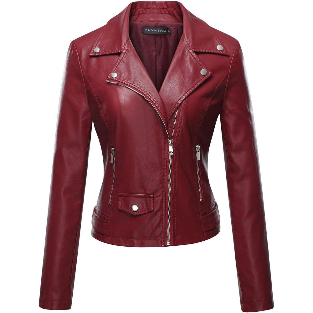 imageTanming Womens Faux Leather Moto Biker Short Coat JacketA Wine Red