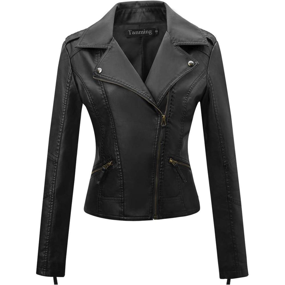 imageTanming Womens Faux Leather Moto Biker Short Coat JacketB Black10