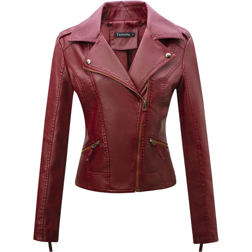 imageTanming Womens Faux Leather Moto Biker Short Coat JacketB Wine Red10