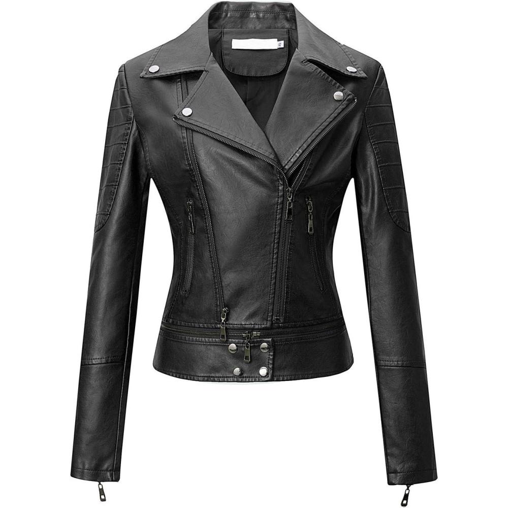 imageTanming Womens Faux Leather Moto Biker Short Coat JacketC Black14