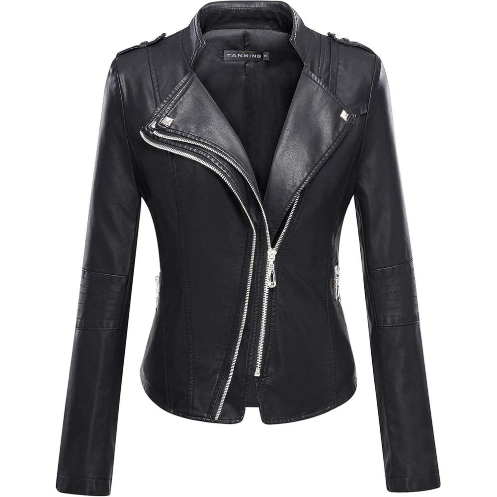 imageTanming Womens Faux Leather Moto Biker Short Coat JacketD Black16