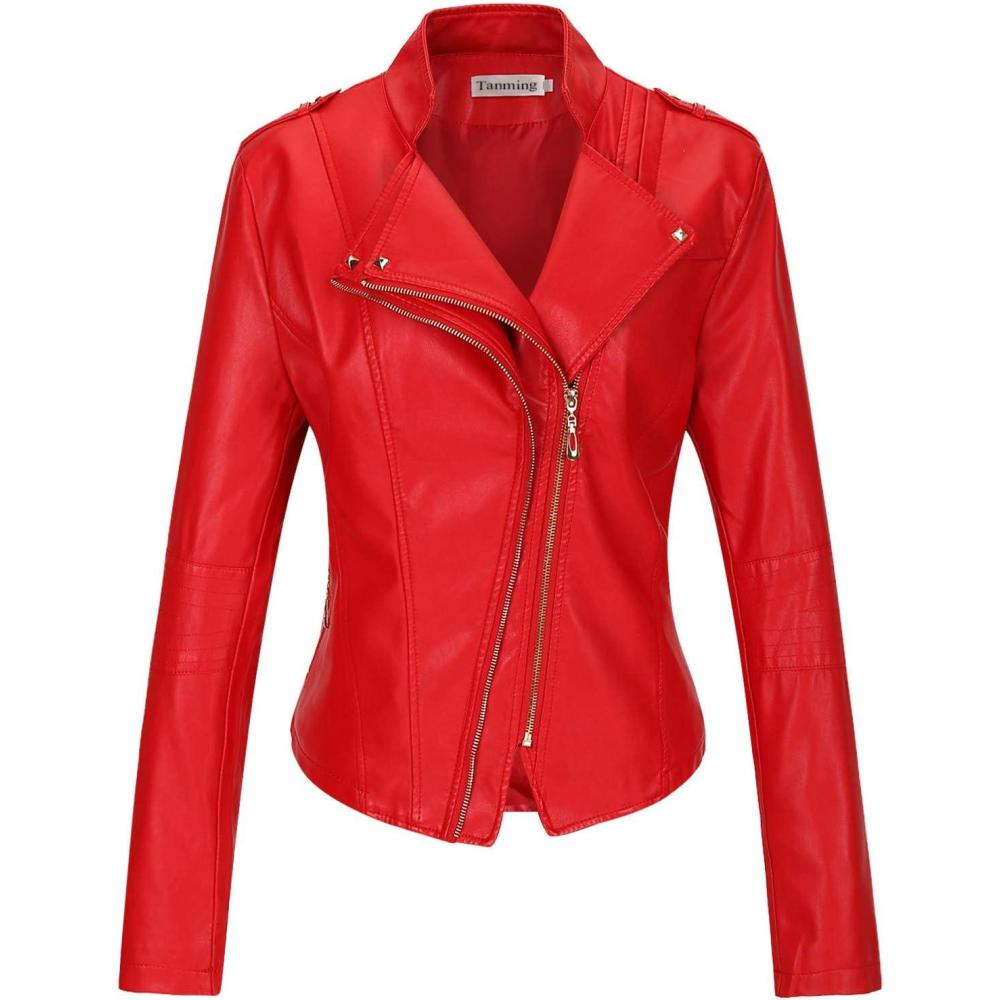 imageTanming Womens Faux Leather Moto Biker Short Coat JacketD Red16