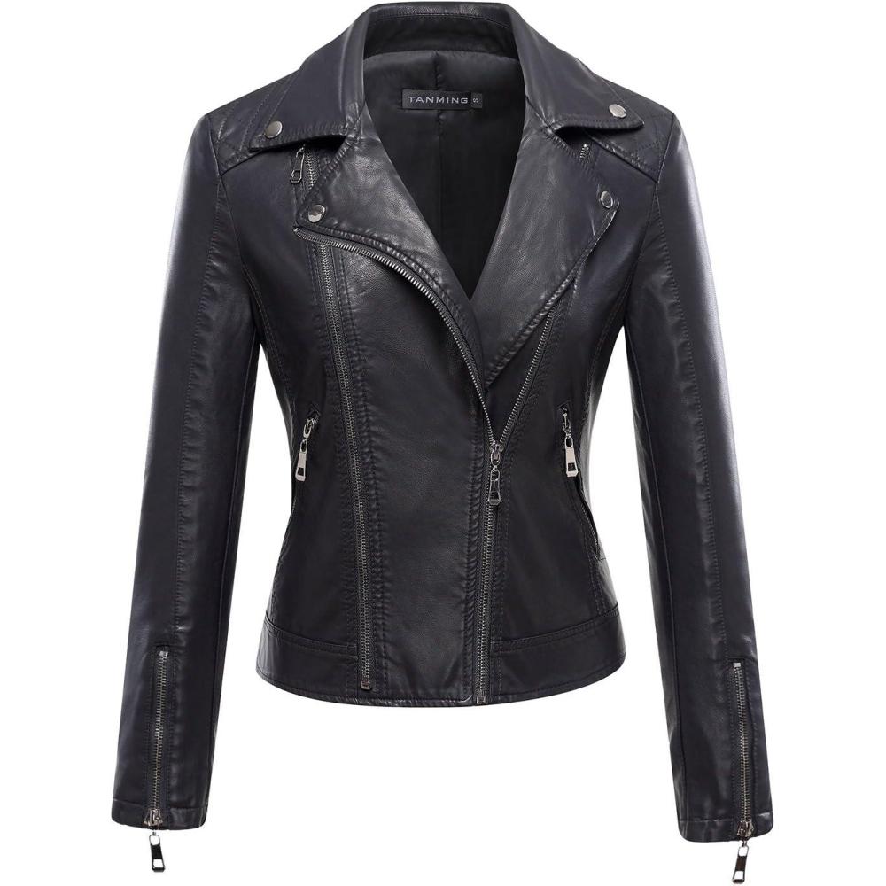 imageTanming Womens Faux Leather Moto Biker Short Coat JacketG Black6