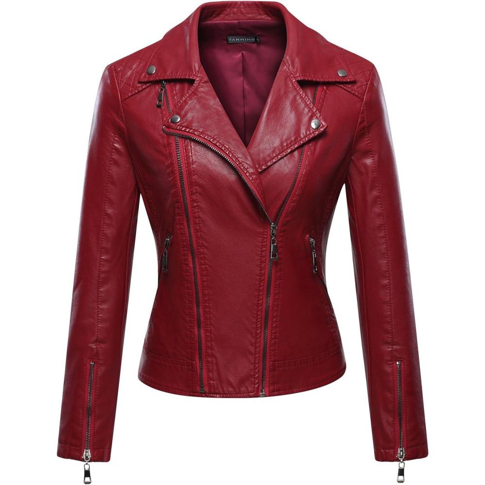 imageTanming Womens Faux Leather Moto Biker Short Coat JacketG Wine Red6
