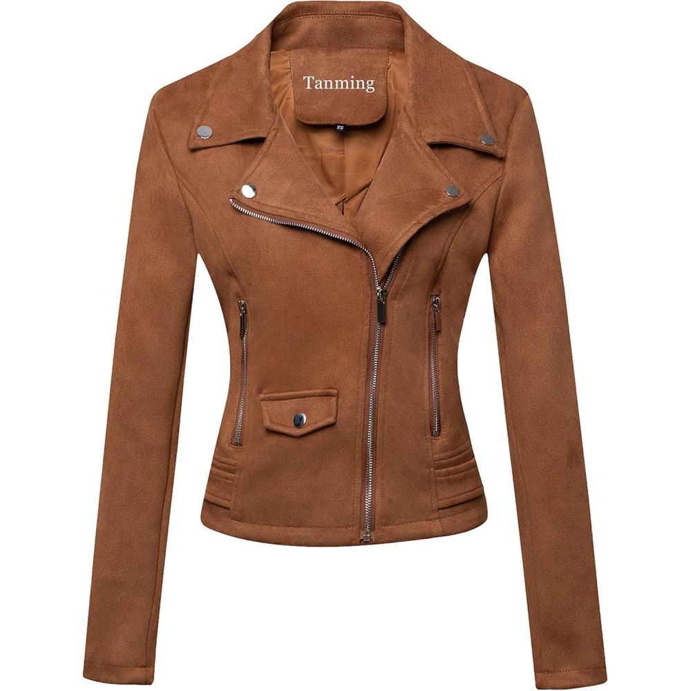 imageTanming Womens Faux Leather Moto Biker Short Coat JacketH Suedebrown