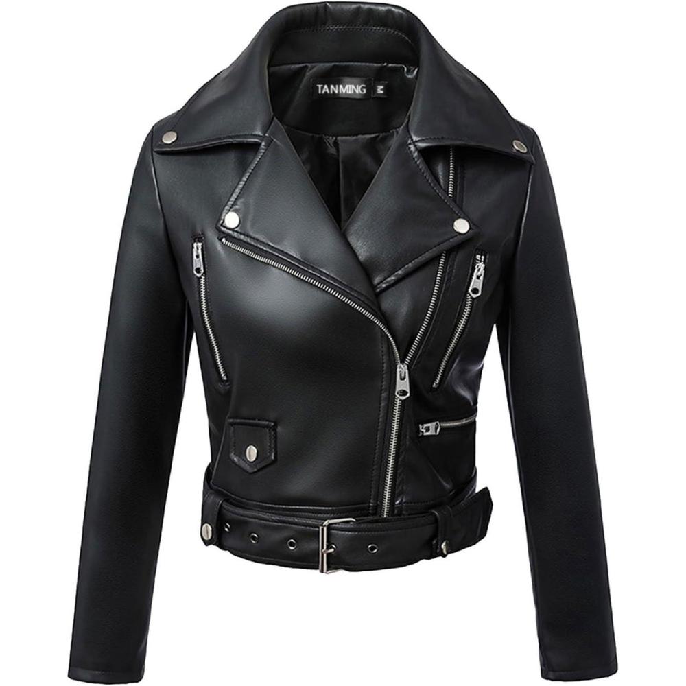 imageTanming Womens Faux Leather Moto Biker Short Coat JacketI Black2