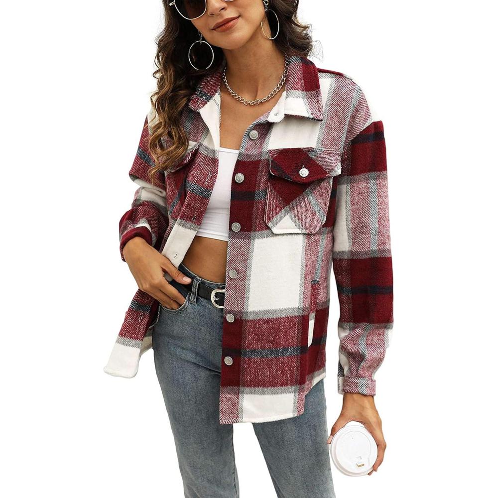 imageTanming Womens Flannel Plaid Shacket Wool Blend Button Down Shirt Fall Fashion JacketWinered