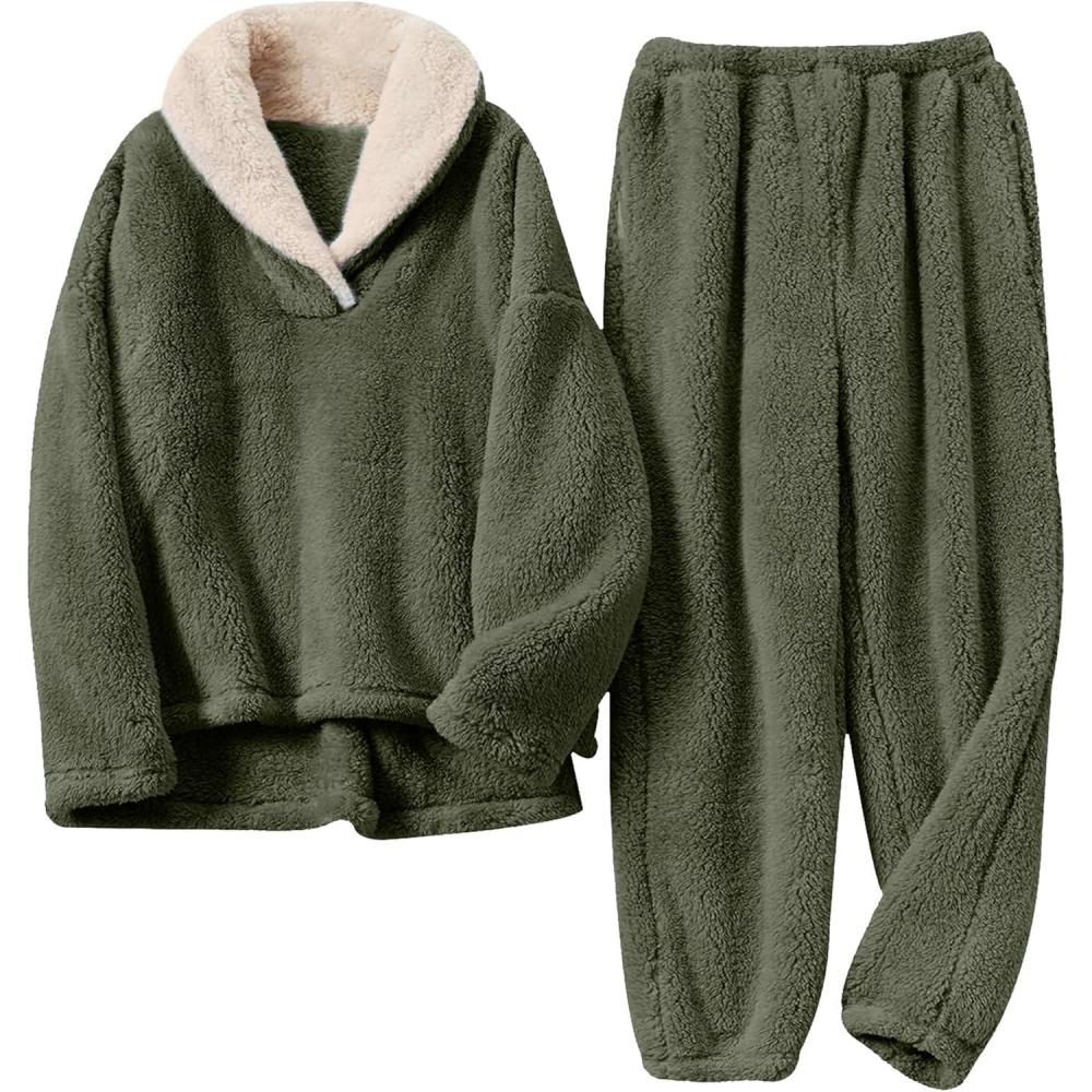 imageTanming Womens Fluffy Pajamas Set Fleece Pullover Pants Plush Loungewear SleepwearArmy Green