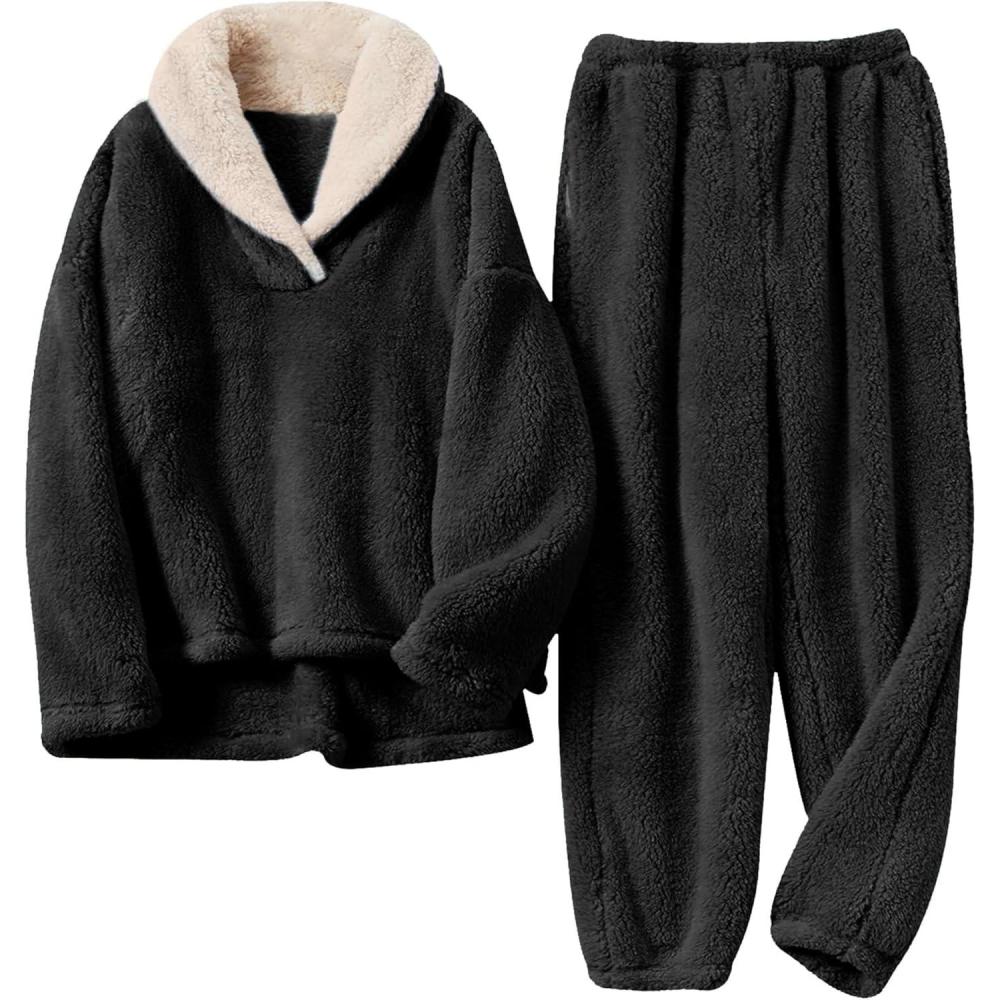imageTanming Womens Fluffy Pajamas Set Fleece Pullover Pants Plush Loungewear SleepwearBlack
