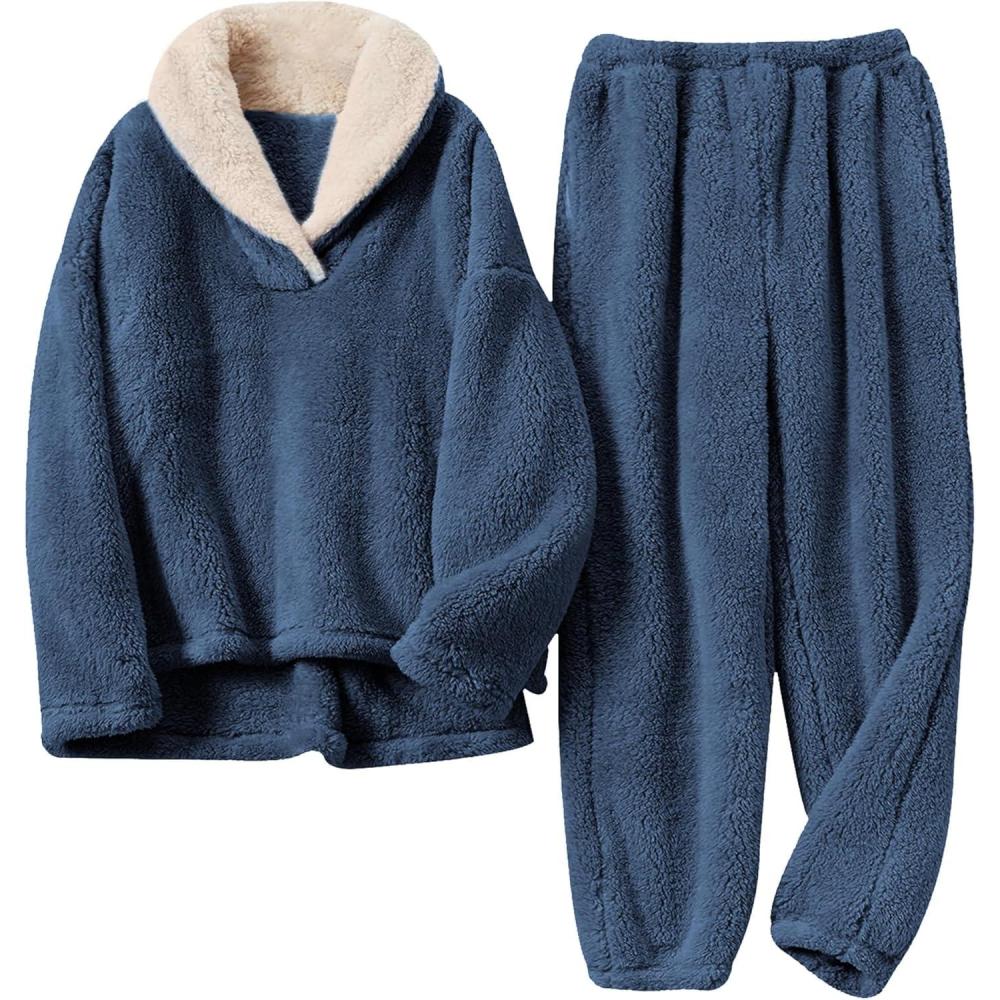 imageTanming Womens Fluffy Pajamas Set Fleece Pullover Pants Plush Loungewear SleepwearDark Blue