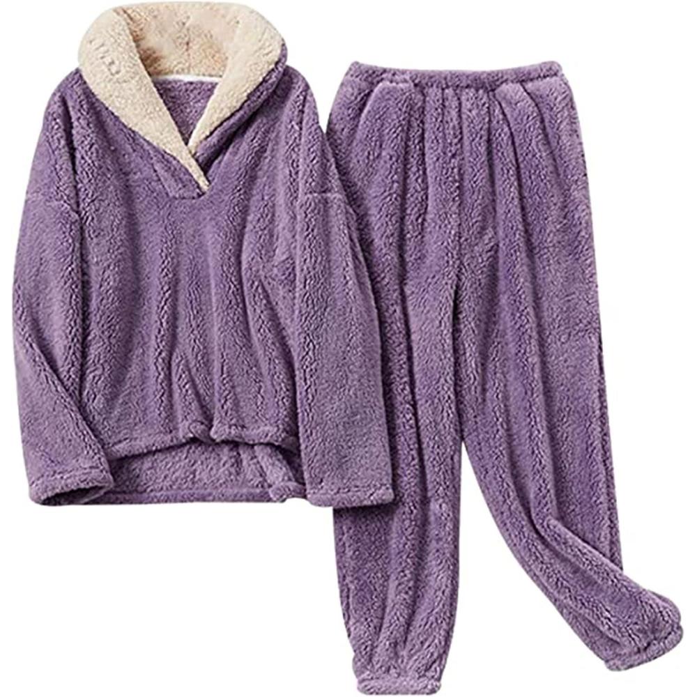 imageTanming Womens Fluffy Pajamas Set Fleece Pullover Pants Plush Loungewear SleepwearPurple