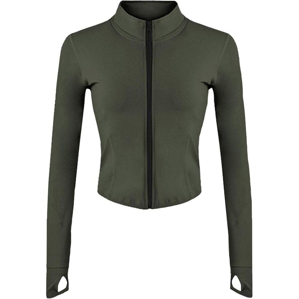 imageTanming Womens Full Zip Seamless Workout Jacket Running Yoga Slim Fit Track JacketArmy Green
