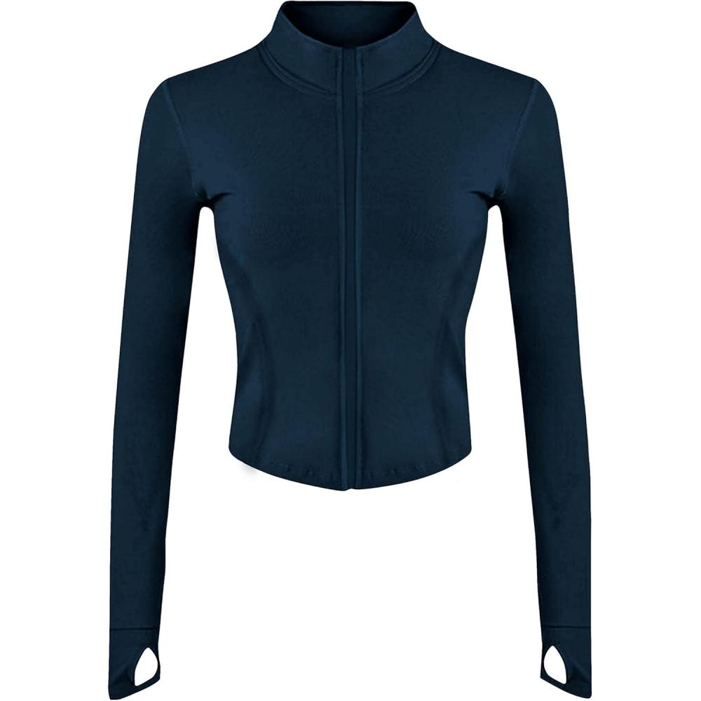 imageTanming Womens Full Zip Seamless Workout Jacket Running Yoga Slim Fit Track JacketNavy
