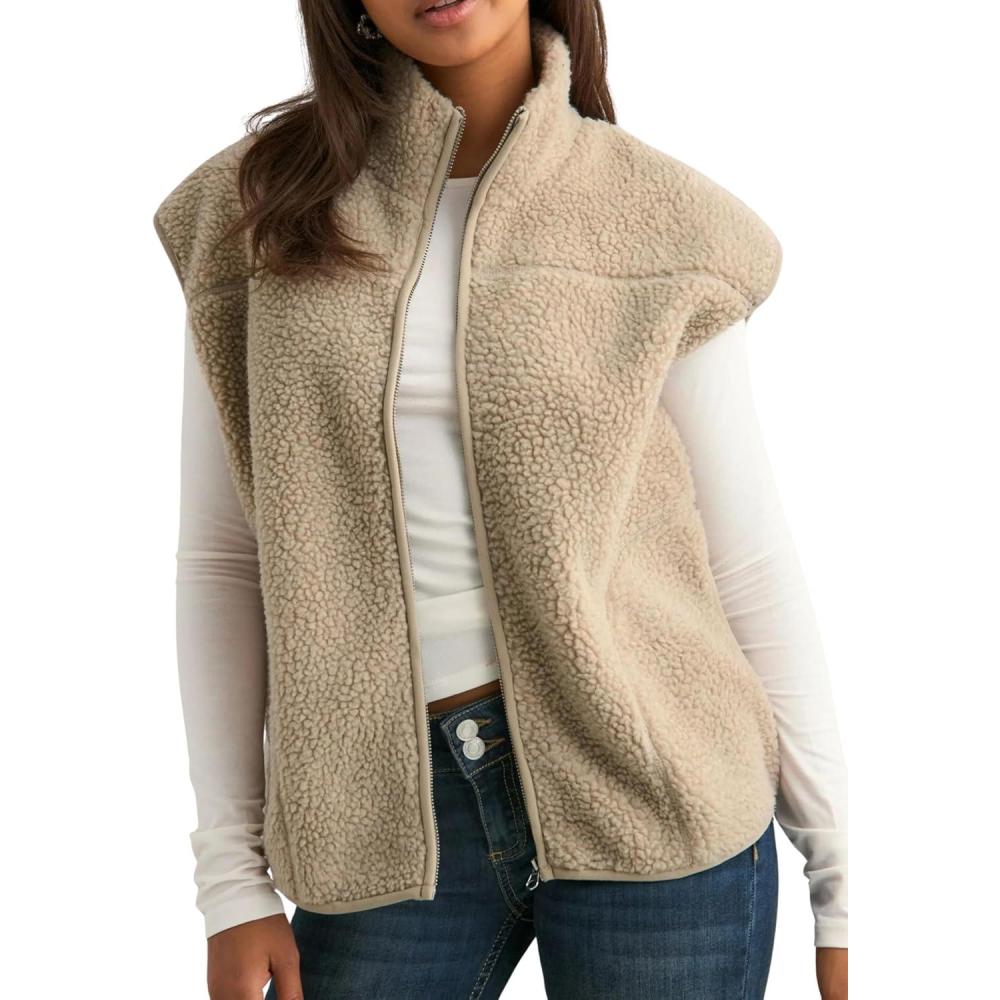 imageTanming Womens Fuzzy Sherpa Fleece Vest Lightweight Cozy Sleeveless Gilet Zip Up Jacket with PocketsKhaki