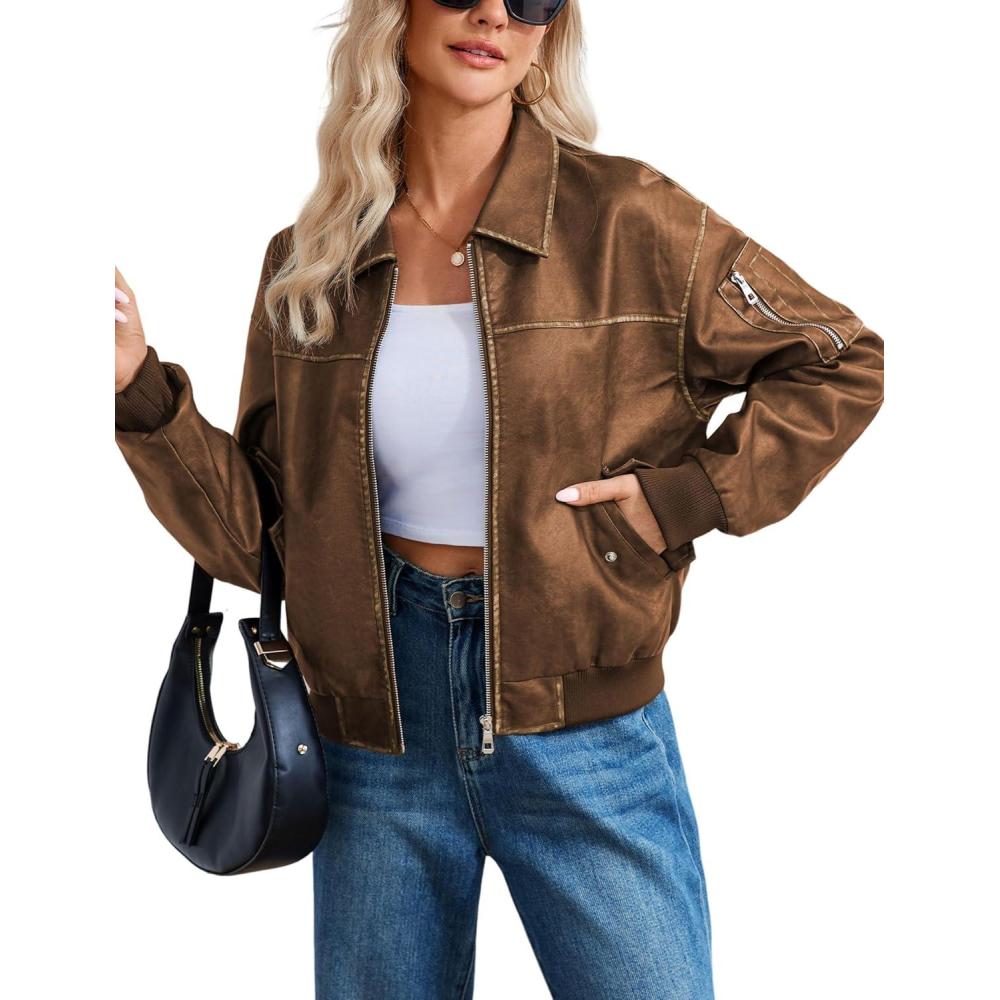 imageTanming Womens Leather Jacket Fall Fashion Motorcycle Biker Bomber Jacket Zip Up Winter Coat OuterwearBrown