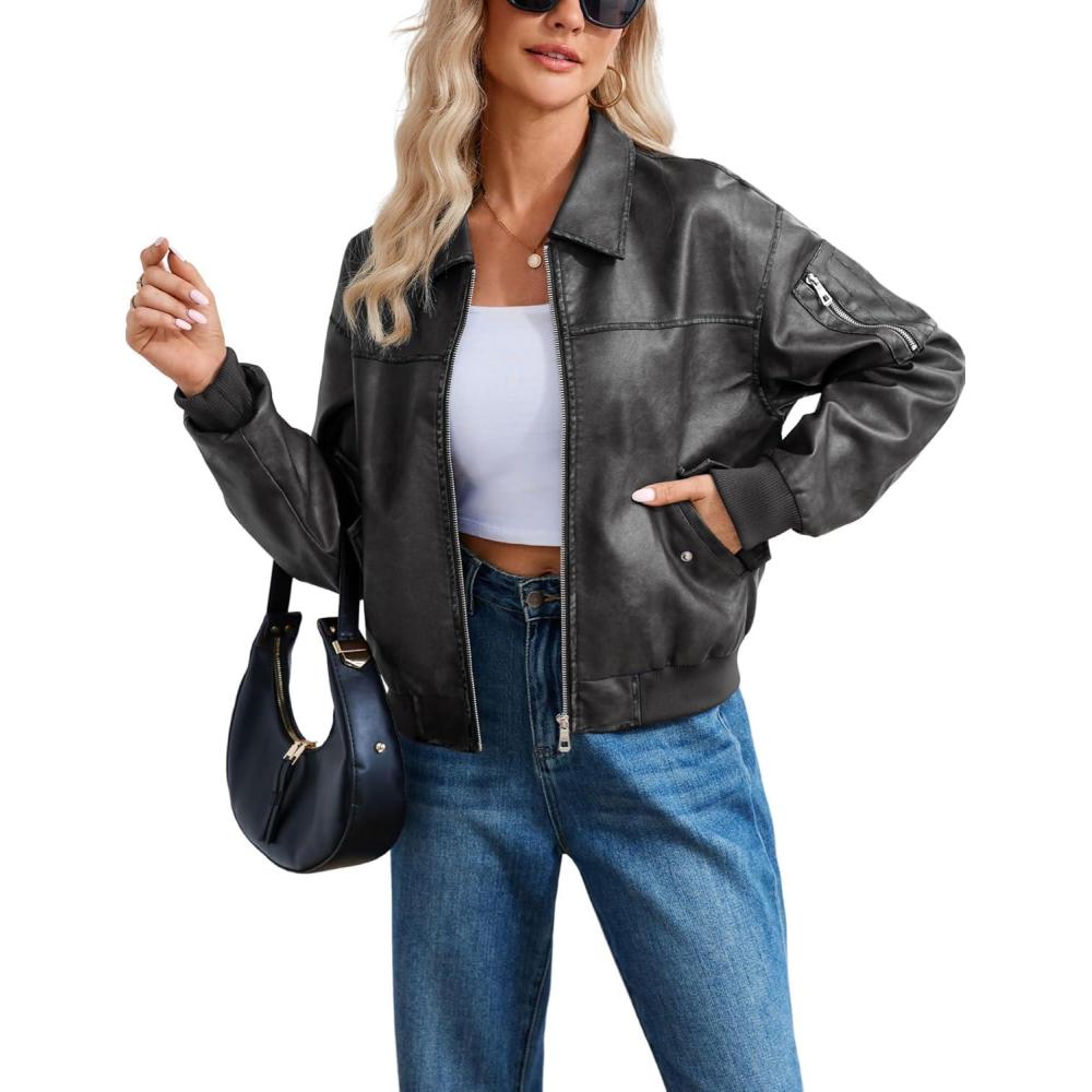 imageTanming Womens Leather Jacket Fall Fashion Motorcycle Biker Bomber Jacket Zip Up Winter Coat OuterwearGrey