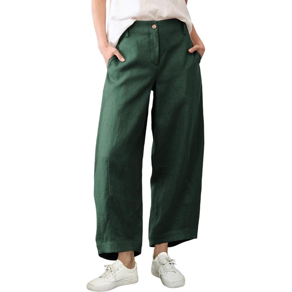 imageTanming Womens Linen Pants Casual Capri Baggy Wide Leg Trousers Palazzo Pants Beach Vacation OutfitsArmy Green