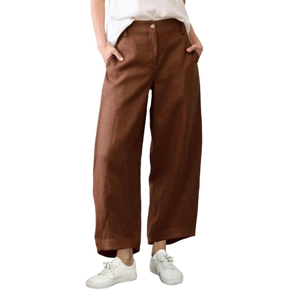 imageTanming Womens Linen Pants Casual Capri Baggy Wide Leg Trousers Palazzo Pants Beach Vacation OutfitsBrown