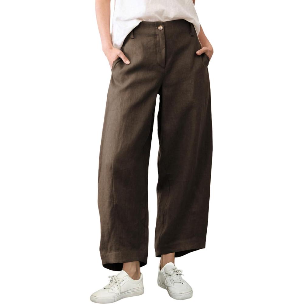 imageTanming Womens Linen Pants Casual Capri Baggy Wide Leg Trousers Palazzo Pants Beach Vacation OutfitsCoffee