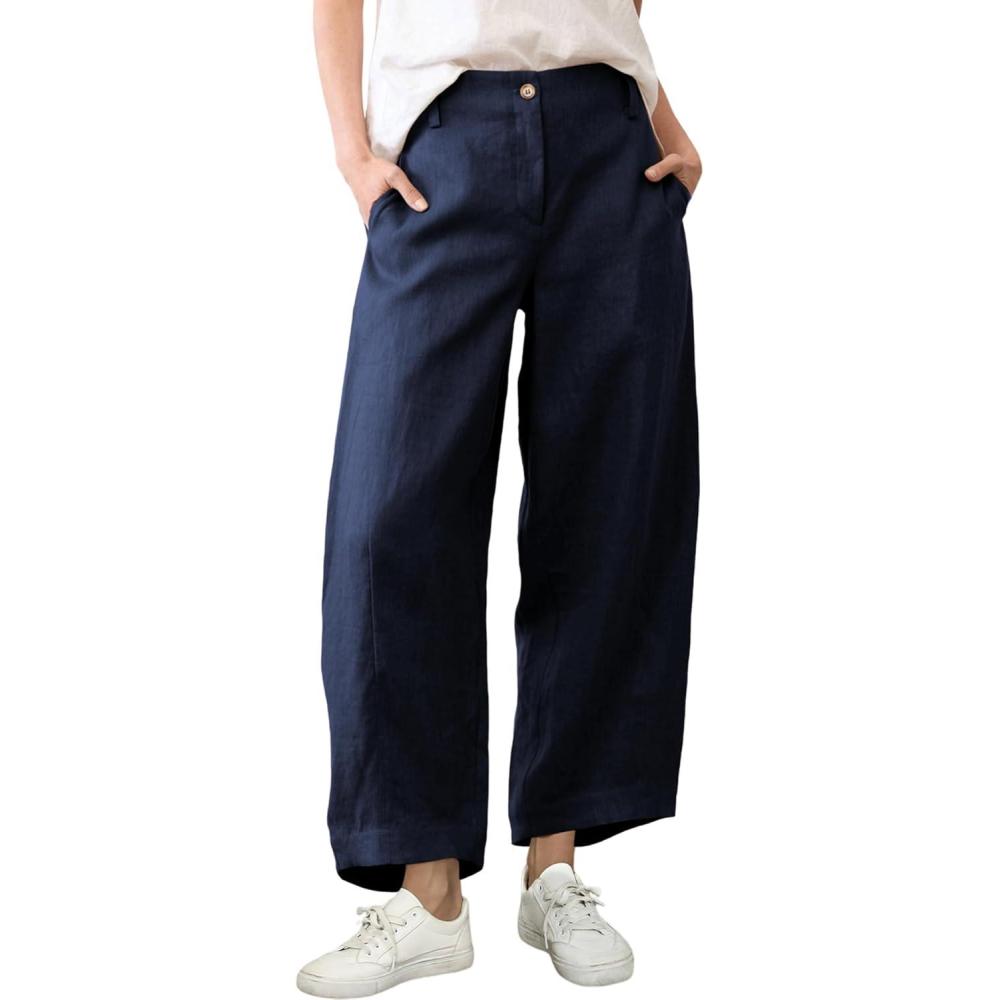 imageTanming Womens Linen Pants Casual Capri Baggy Wide Leg Trousers Palazzo Pants Beach Vacation OutfitsNavy