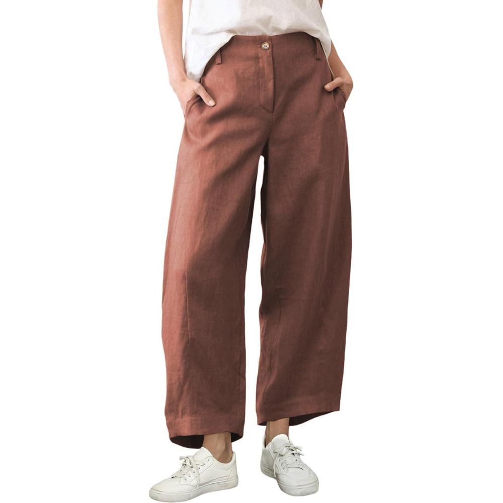 imageTanming Womens Linen Pants Casual Capri Baggy Wide Leg Trousers Palazzo Pants Beach Vacation OutfitsRust