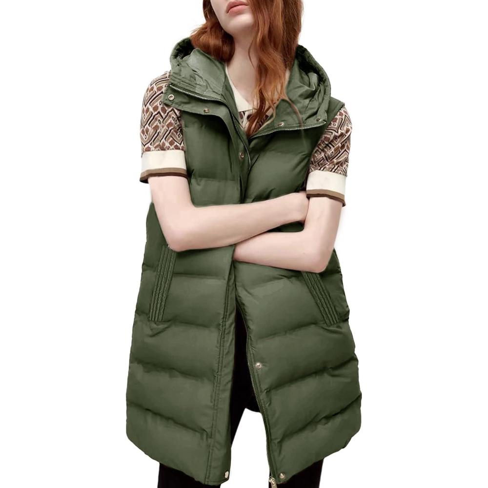 imageTanming Womens Long Puffer Vest Casual Sleeveless Puffy Jacket with Removable HoodArmy Green
