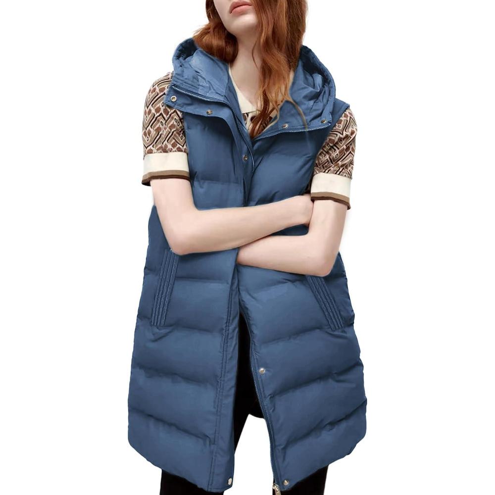 imageTanming Womens Long Puffer Vest Casual Sleeveless Puffy Jacket with Removable HoodBlue