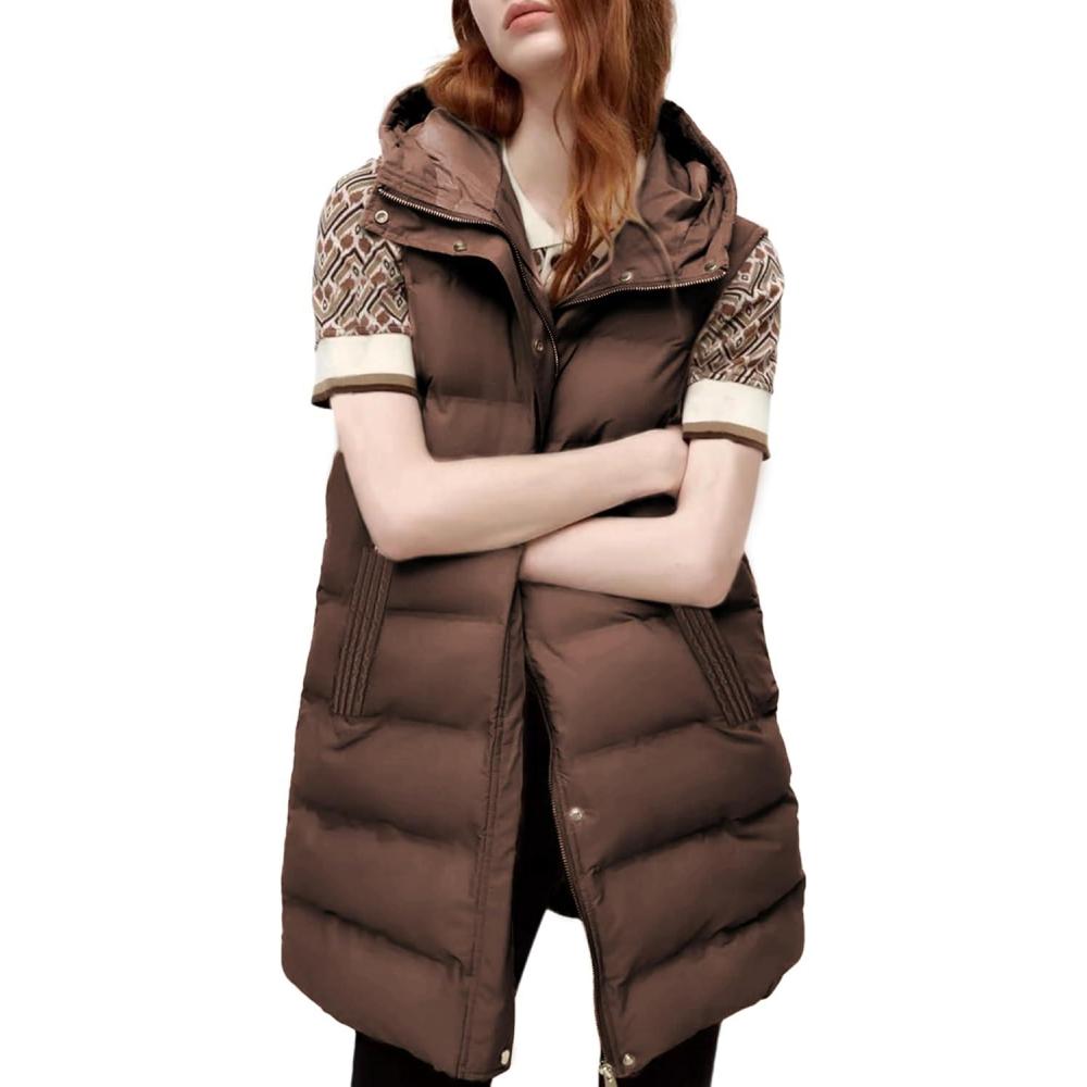 imageTanming Womens Long Puffer Vest Casual Sleeveless Puffy Jacket with Removable HoodBrown