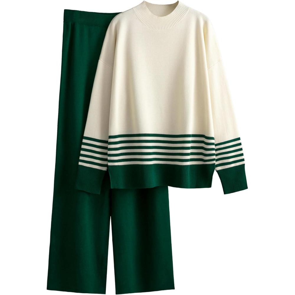 imageTanming Womens Lounge Sets 2 Piece Outfits Knitted Pullover Sweater Tops Wide Leg Pants TracksuitGreen