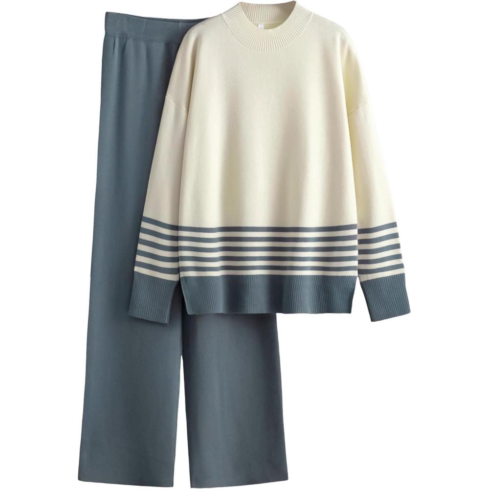imageTanming Womens Lounge Sets 2 Piece Outfits Knitted Pullover Sweater Tops Wide Leg Pants TracksuitGrey