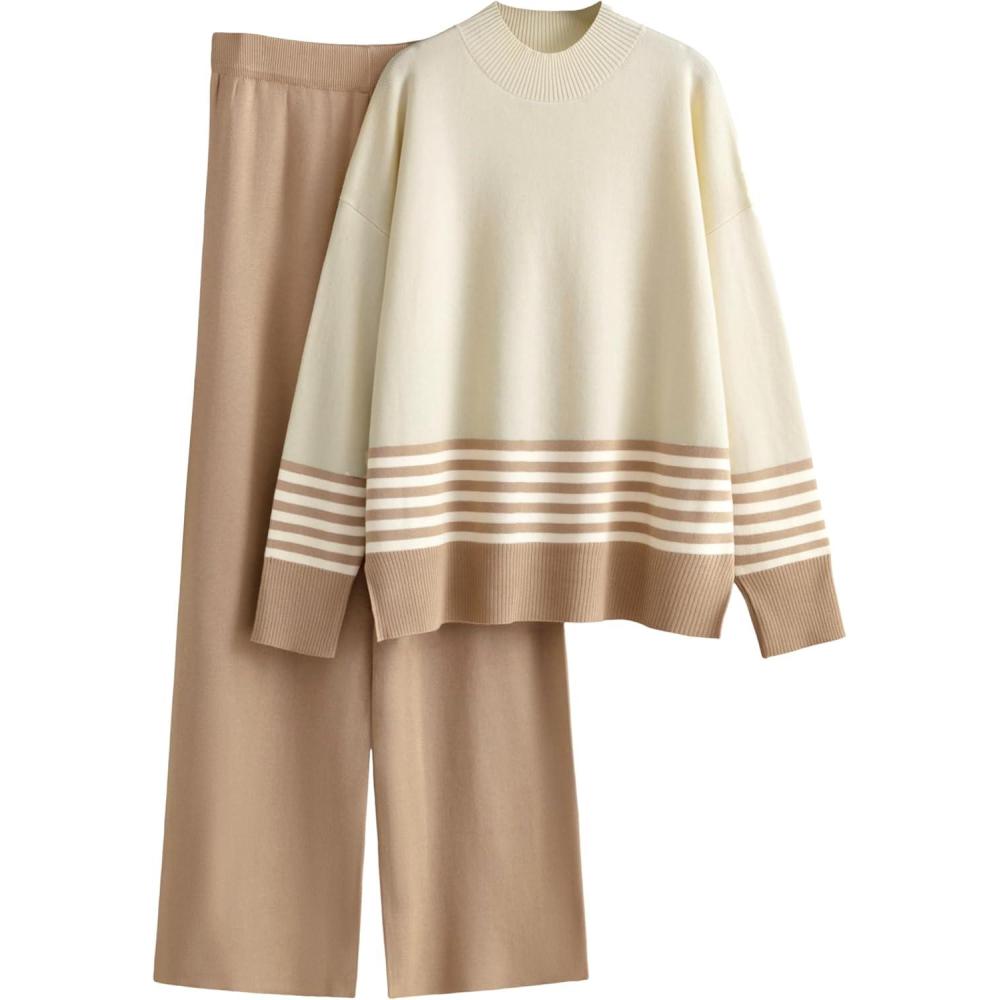imageTanming Womens Lounge Sets 2 Piece Outfits Knitted Pullover Sweater Tops Wide Leg Pants TracksuitLight Khaki