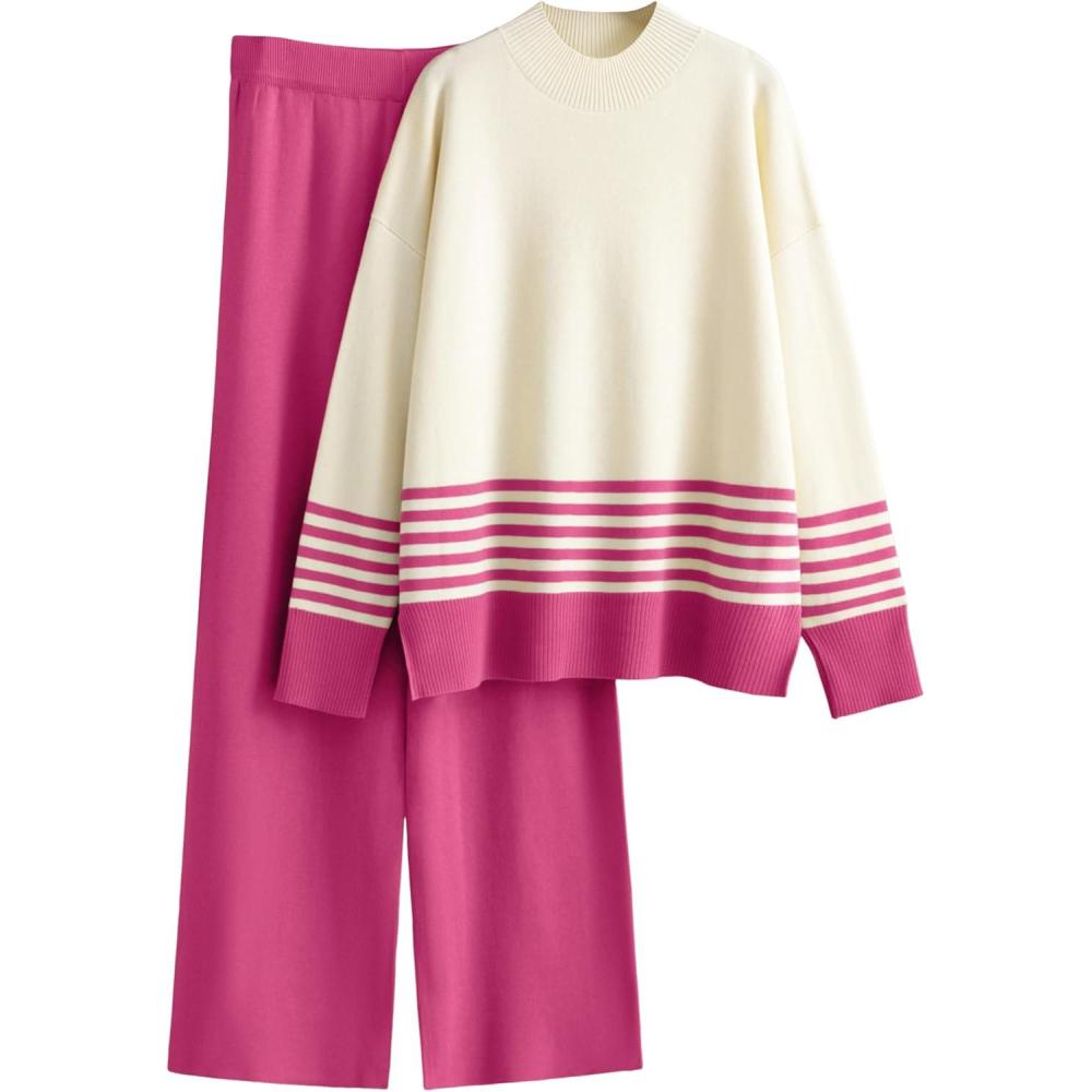 imageTanming Womens Lounge Sets 2 Piece Outfits Knitted Pullover Sweater Tops Wide Leg Pants TracksuitRose Red