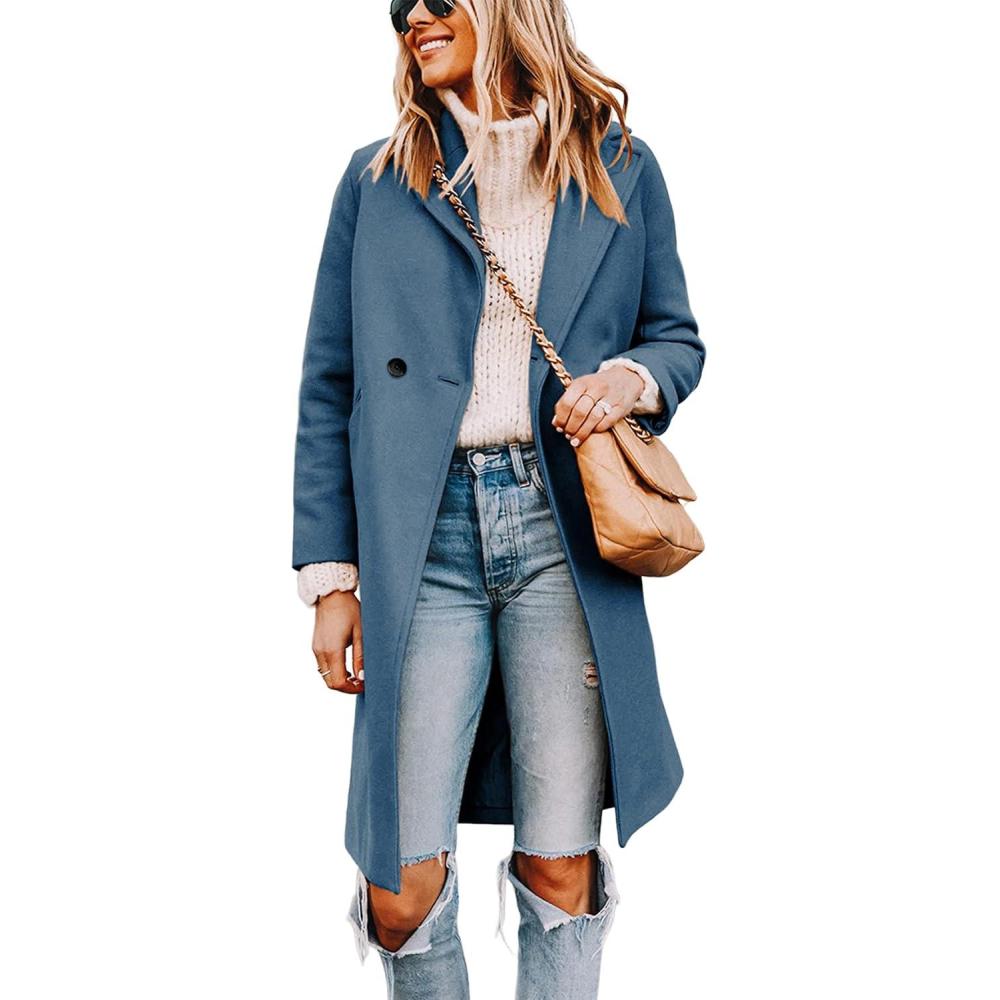imageTanming Womens Notch Lapel Double Breasted Wool Blend Mid Long Pea Trench CoatBlue