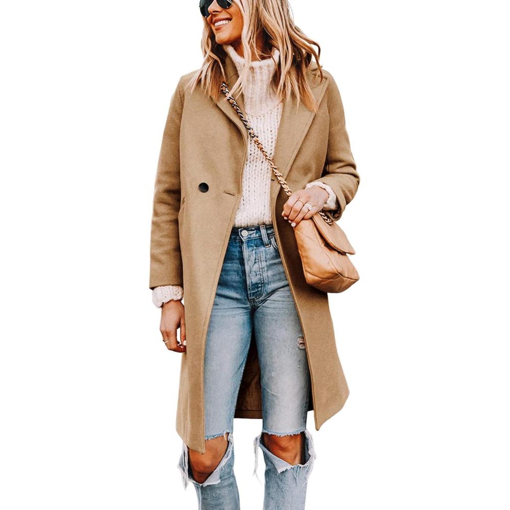 imageTanming Womens Notch Lapel Double Breasted Wool Blend Mid Long Pea Trench CoatKhaki