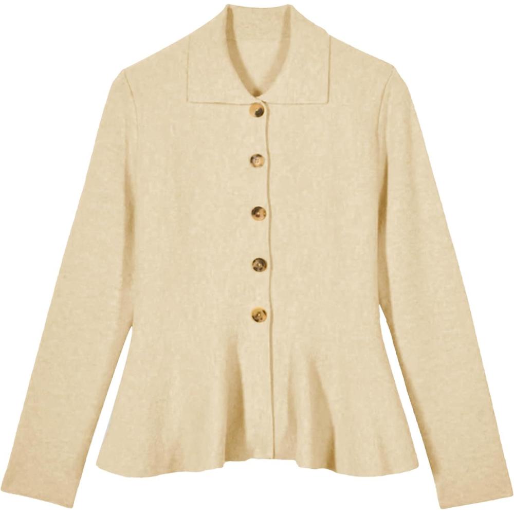 imageTanming Womens Peplum Cardigan Solid Long Sleeve Shirt Collar Open Front Button Down Outwear Sweater TopsBeige