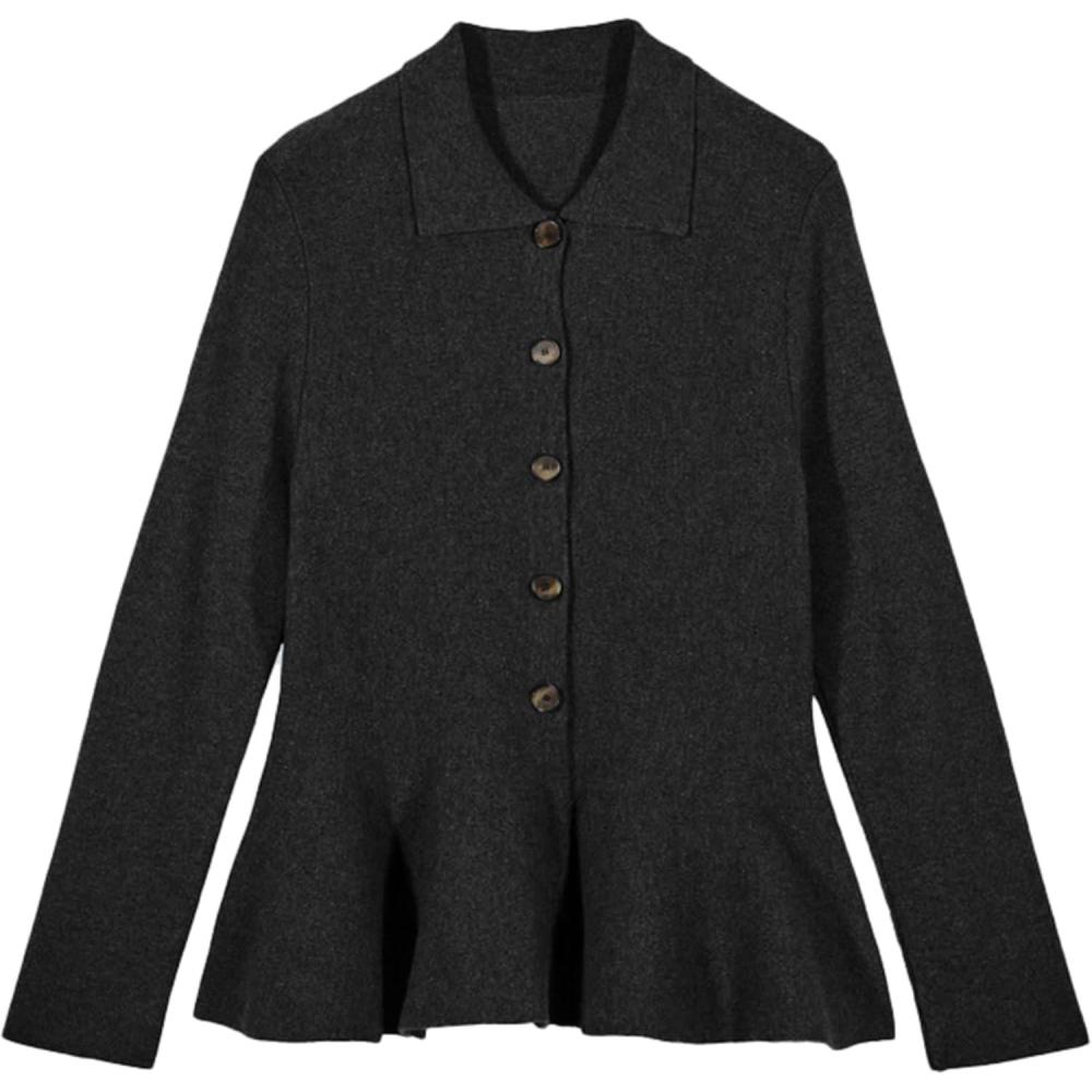imageTanming Womens Peplum Cardigan Solid Long Sleeve Shirt Collar Open Front Button Down Outwear Sweater TopsBlack