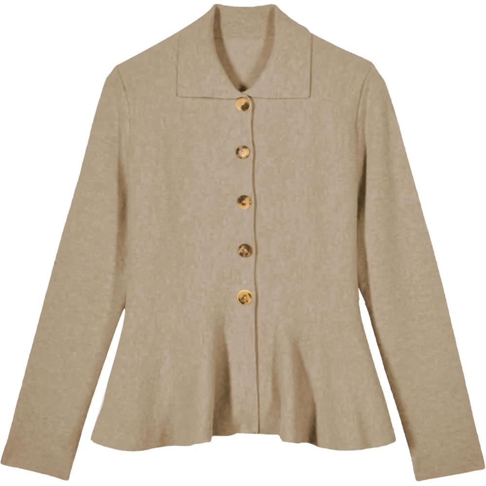 imageTanming Womens Peplum Cardigan Solid Long Sleeve Shirt Collar Open Front Button Down Outwear Sweater TopsKhaki