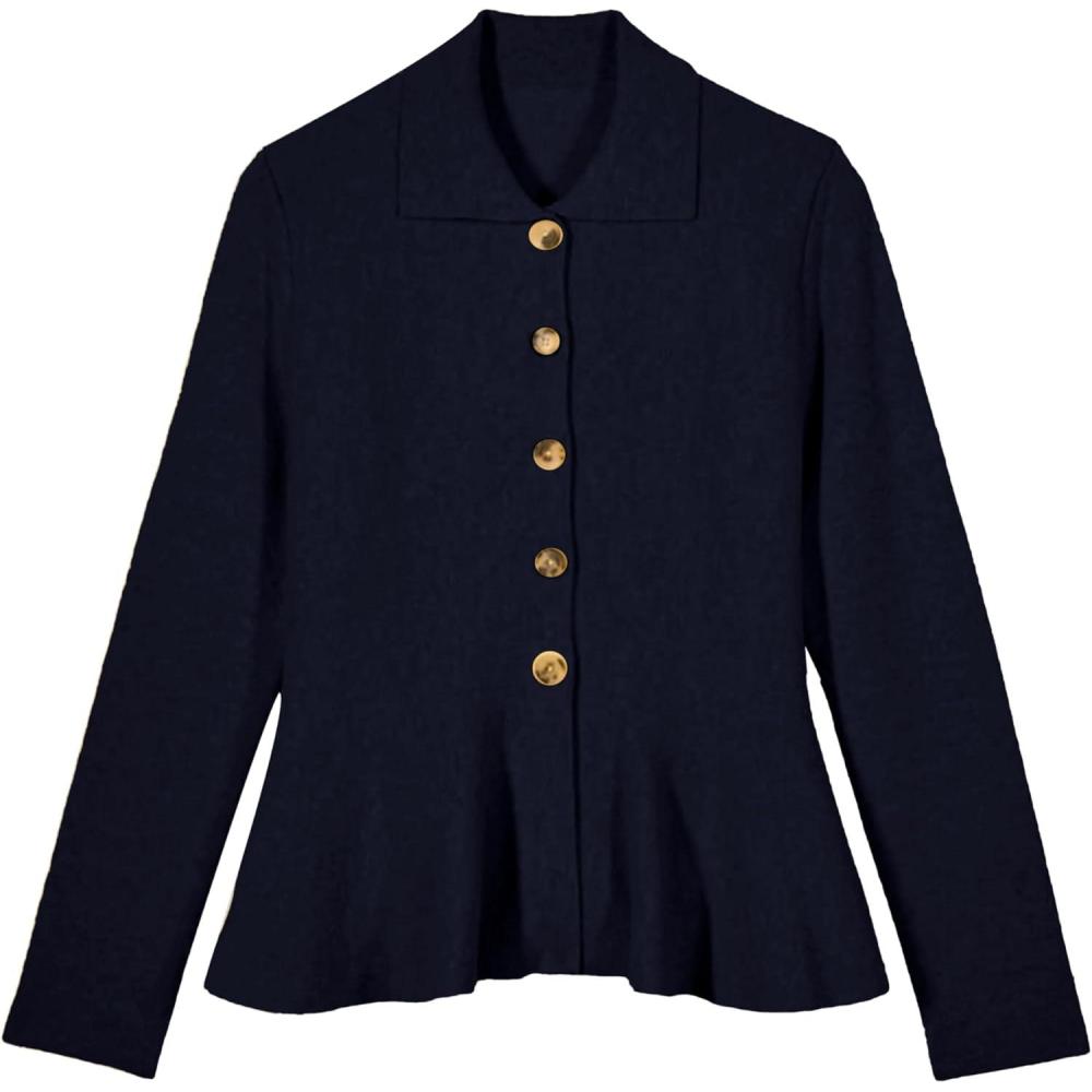imageTanming Womens Peplum Cardigan Solid Long Sleeve Shirt Collar Open Front Button Down Outwear Sweater TopsNavy