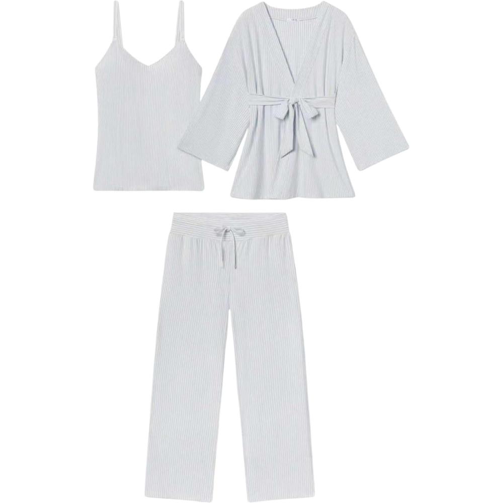 imageTanming Womens Pjs Sets 3 Piece Lounge Sets Striped Wrap Top Camisole Wide Leg Pants Cute Soft Pajama Set