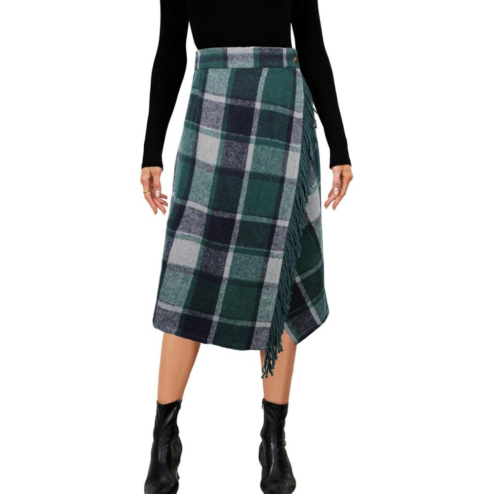 imageTanming Womens Plaid Fringed Midi Skirt A Line Warm Wool Wrap Skirt Fall Winter Tartan DressGreen