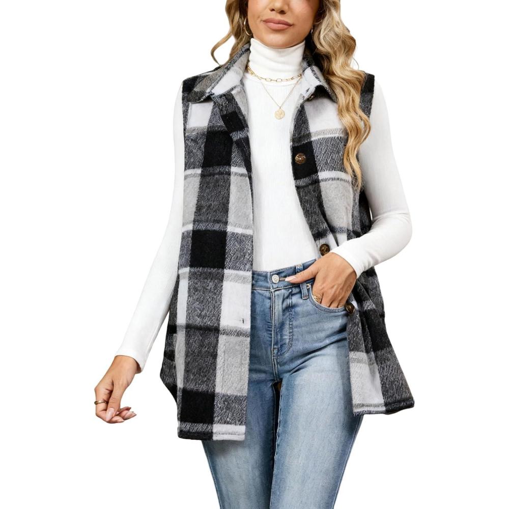imageTanming Womens Plaid Vest Brushed Flannel Sleeveless Shacket Shirt Jacket with PocketsDark Grey