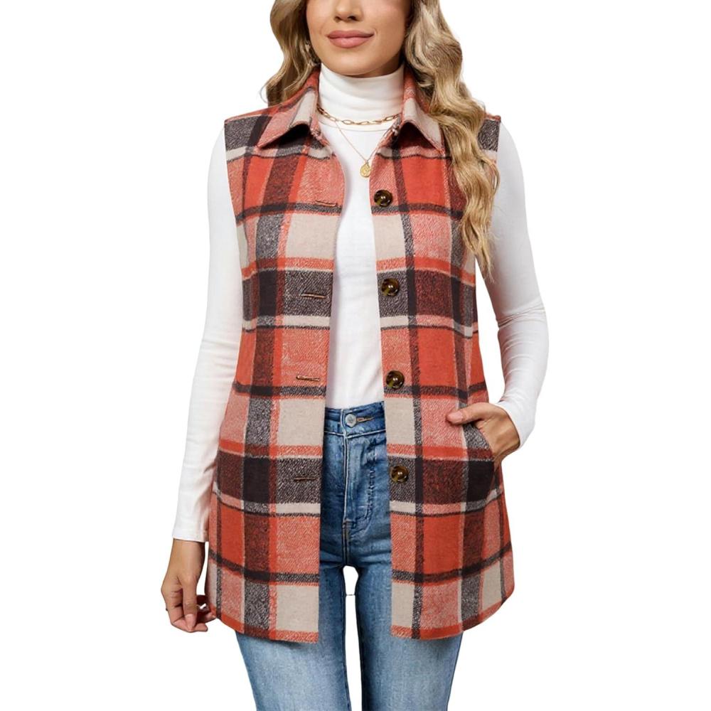 imageTanming Womens Plaid Vest Brushed Flannel Sleeveless Shacket Shirt Jacket with PocketsOrange