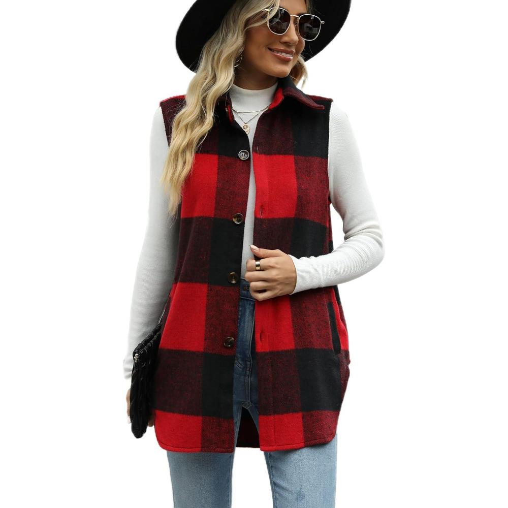 imageTanming Womens Plaid Vest Brushed Flannel Sleeveless Shacket Shirt Jacket with PocketsRed Black