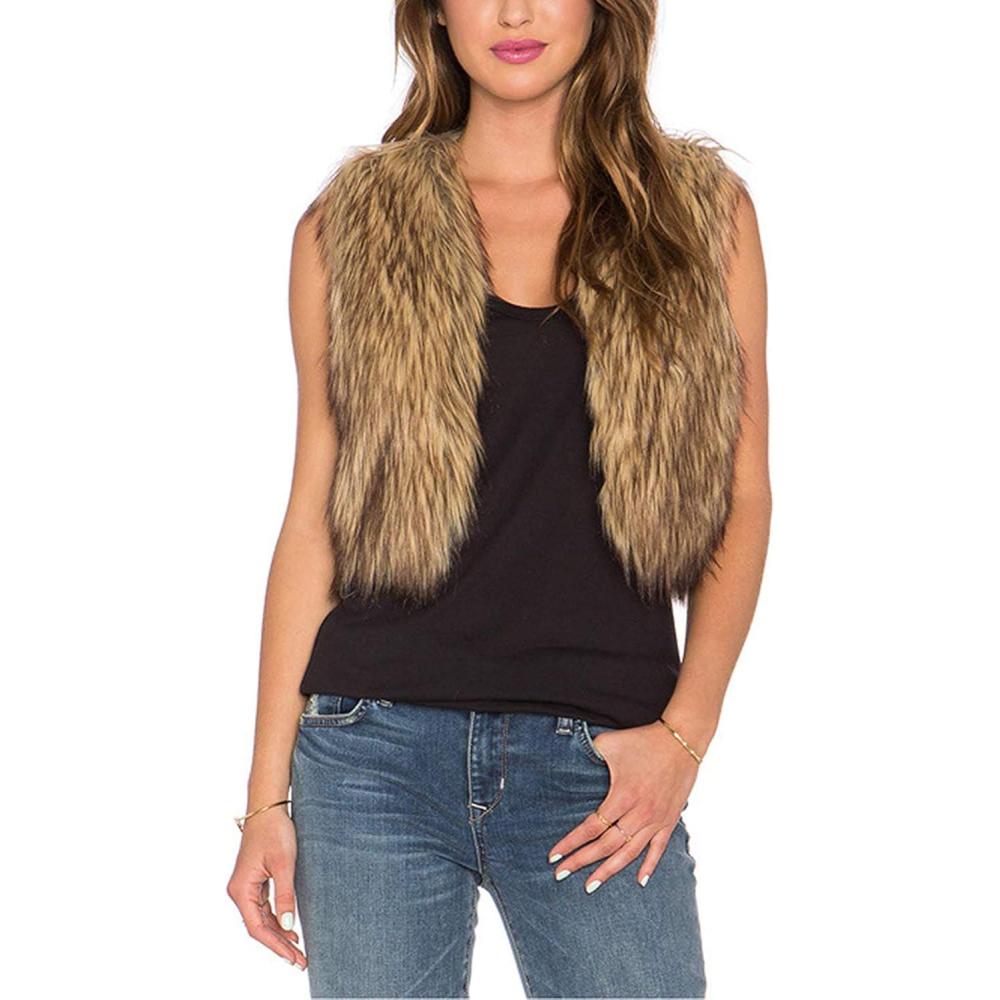 imageTanming Womens Sleeveless Open Front Fluffy Short Faux Fur Vests WaistcoatsBrown