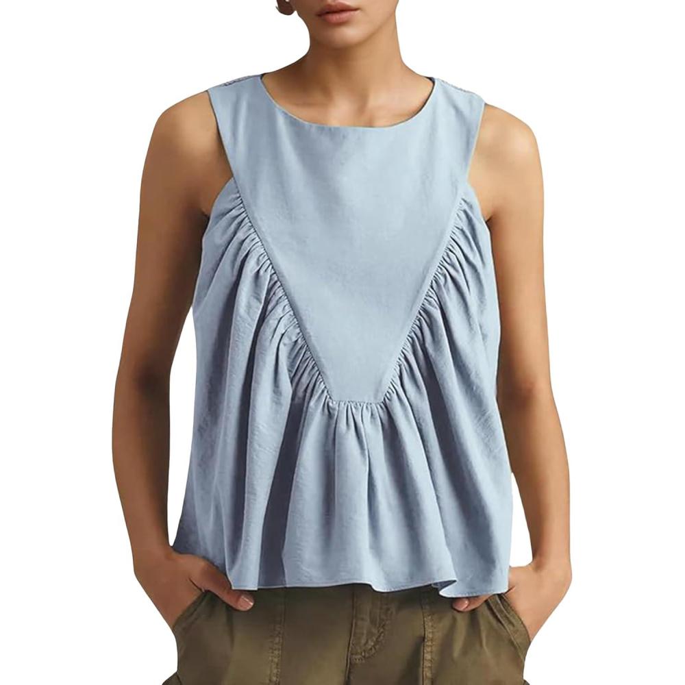 imageTanming Womens Sleeveless Peplum Top Swing Tank Loose Fit Back Button Casual Blouse Ruffled ShirtsBlue
