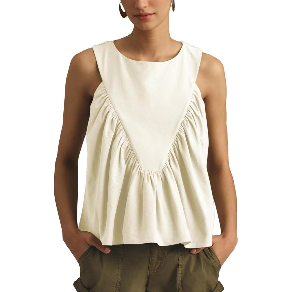 imageTanming Womens Sleeveless Peplum Top Swing Tank Loose Fit Back Button Casual Blouse Ruffled ShirtsWhite